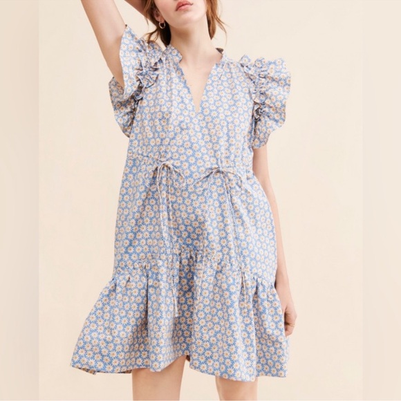 By Anthropologie Ruffle Short Sleeve Mini Dress Blue Floral Tie Waist Size Large - Picture 3 of 11